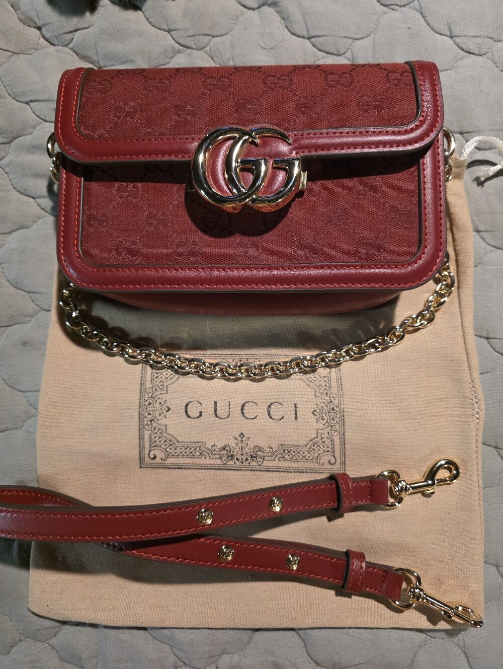 USED....Gucci Red GG Canvas and Leather Crossbody with Gold Double G
